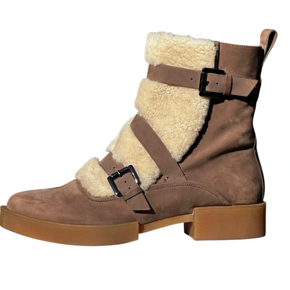 H Williams Nubuck Leather Shearling Ankle Boots Juneau Taupe Cream US 9 1/2 10